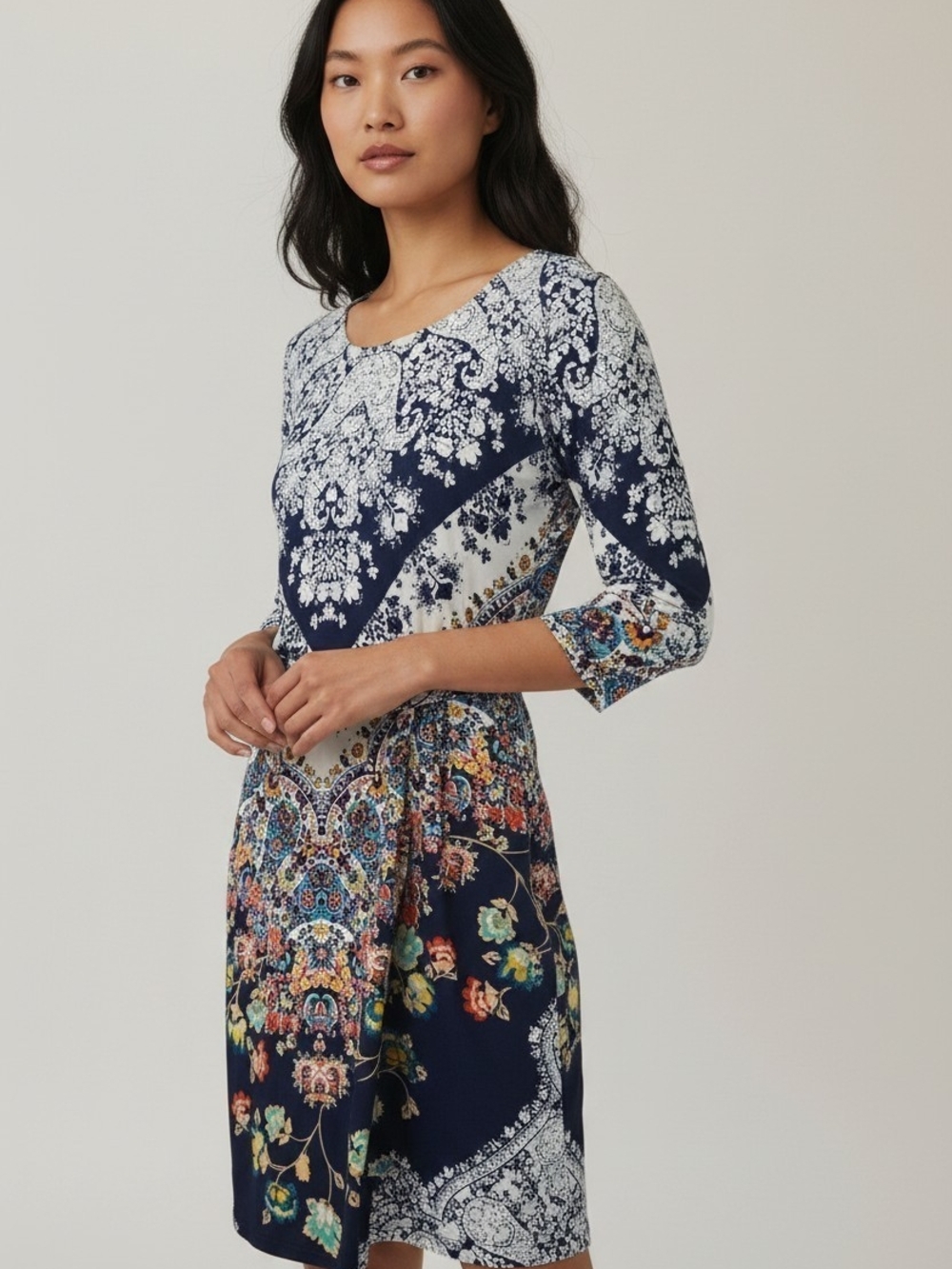 Renee C Womens Large Dress Navy Floral Paisley 3/4 Sleeve Tie Waist Made USA
